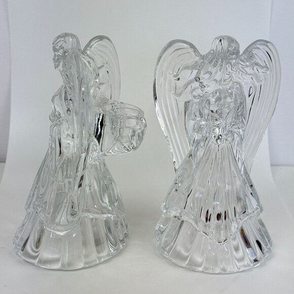 Vintage Leaded Crystal Angel Candleholders Glass Figurine Set Of 2 Holiday Decor - Picture 12 of 16